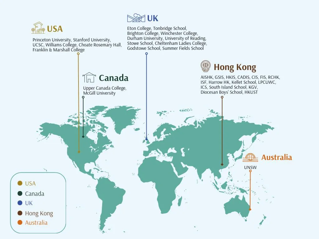 Map 20250513 Map showing students from international schools taught by Vic Li