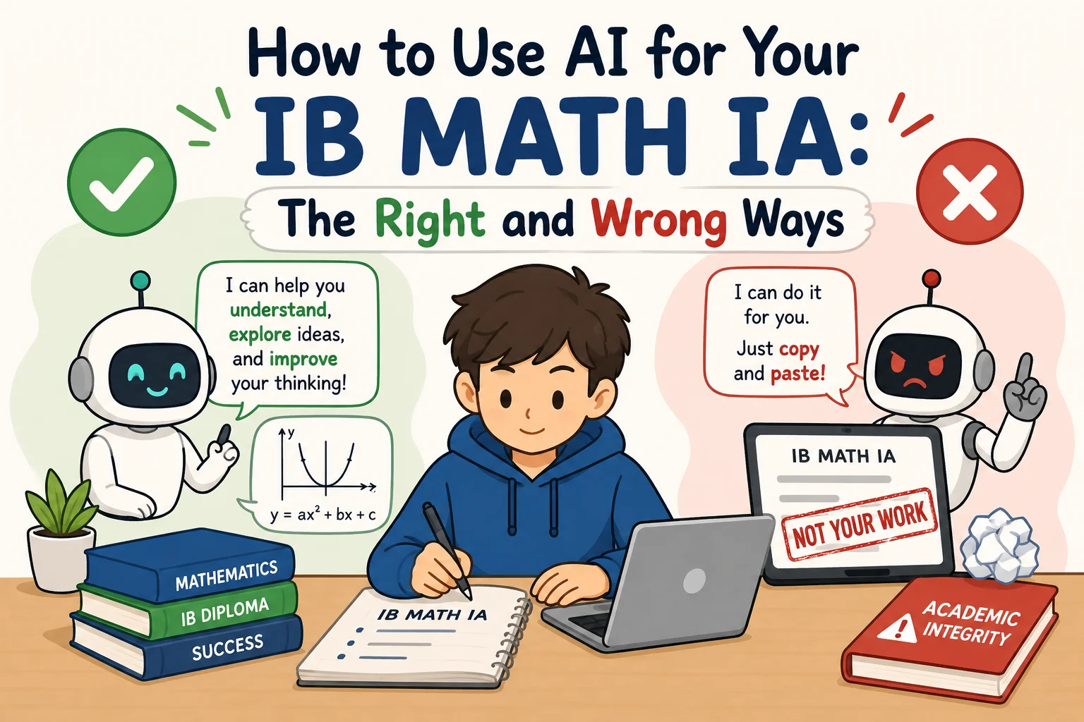 Student using AI responsibly for an IB Math IA project, illustrating the right and wrong ways to use artificial intelligence in academic work.