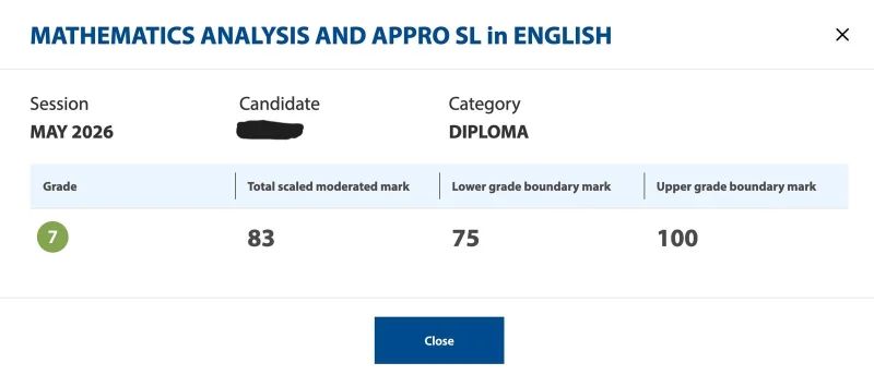 Hilary Li IBDP AASL May 2026 IBDP AAHL math tutoring results: IBDP AASL Mathematics grade 7 by Hilary Li – June 2026