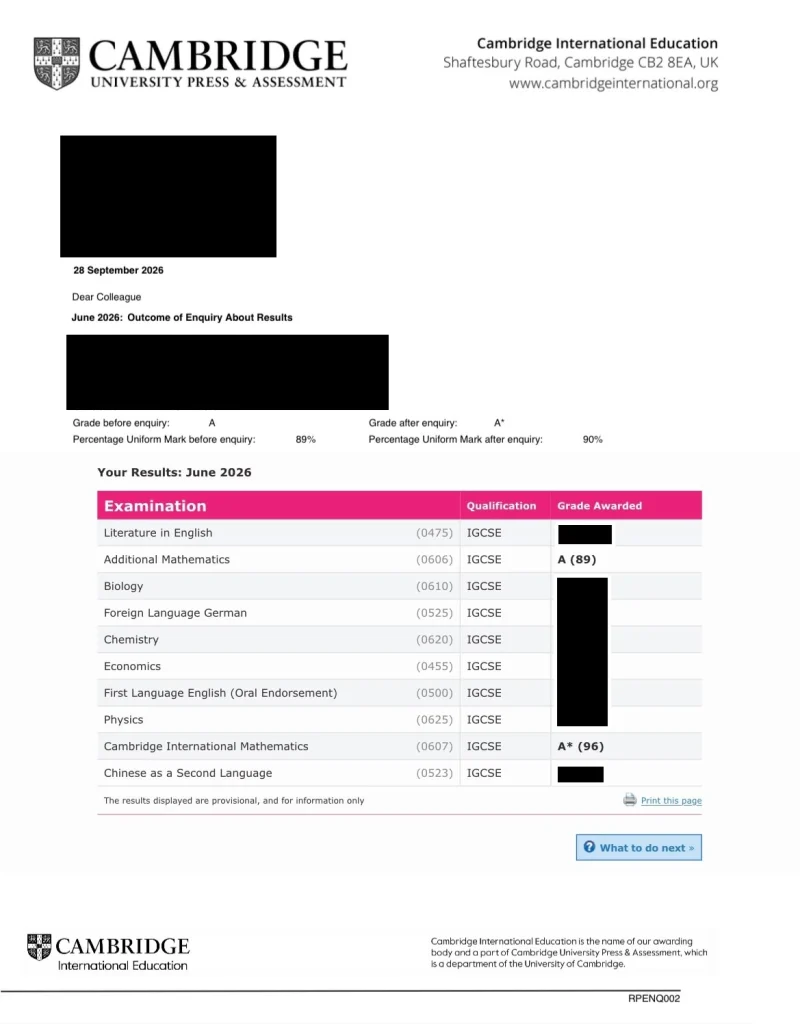 Caitlin IGCSE Result Updated IGCSE math tutoring results updated: IGCSE Mathematics A* and Additional Mathematics A* by Caitlin Lee – June 2026